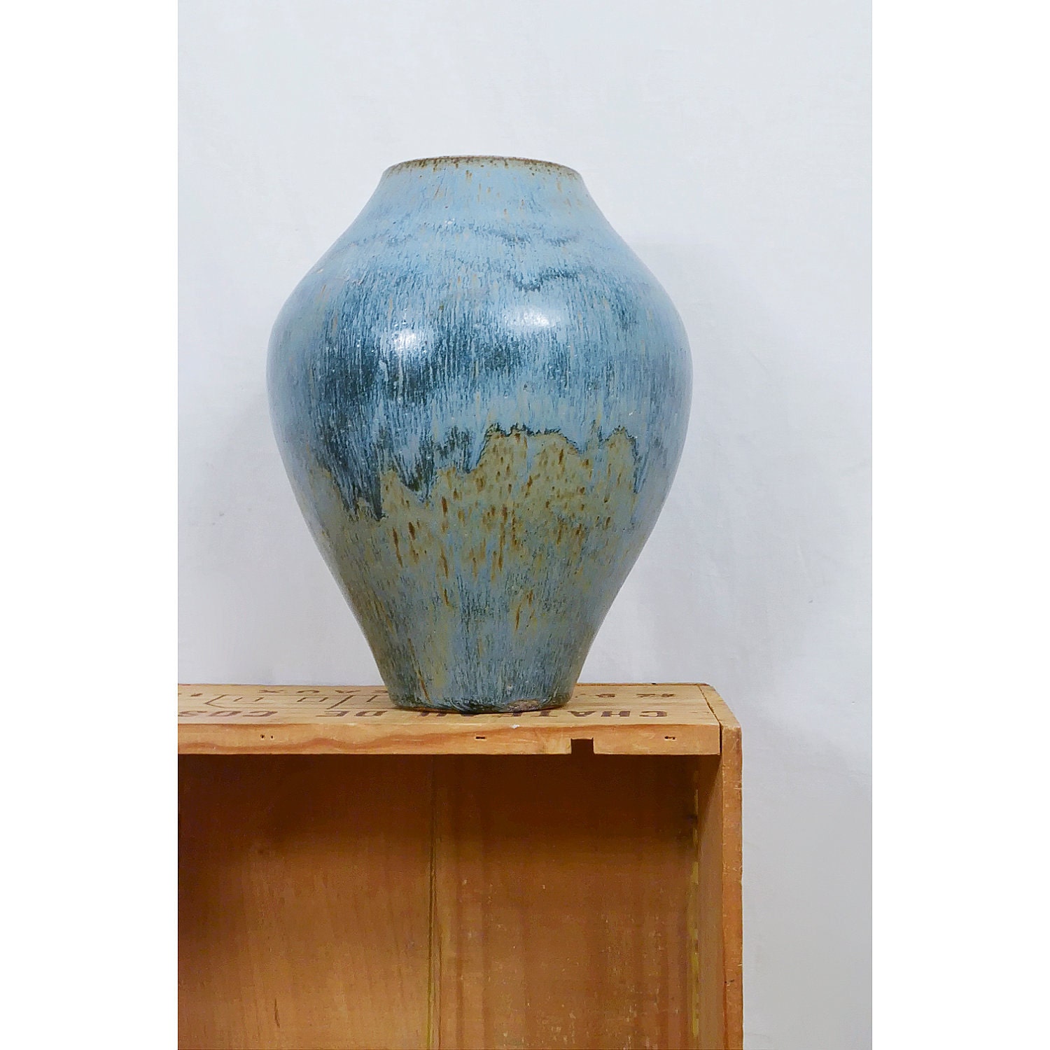 Vintage Blue Art Vase / 1970s Large Hand Thrown Pottery Urn with Beautiful Glaze Work / SALE