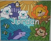 Handpainted Fisher Price Precious Planets Animal Theme Nursery Wall Art Personalized Custom Canvas Name Painting 16X20
