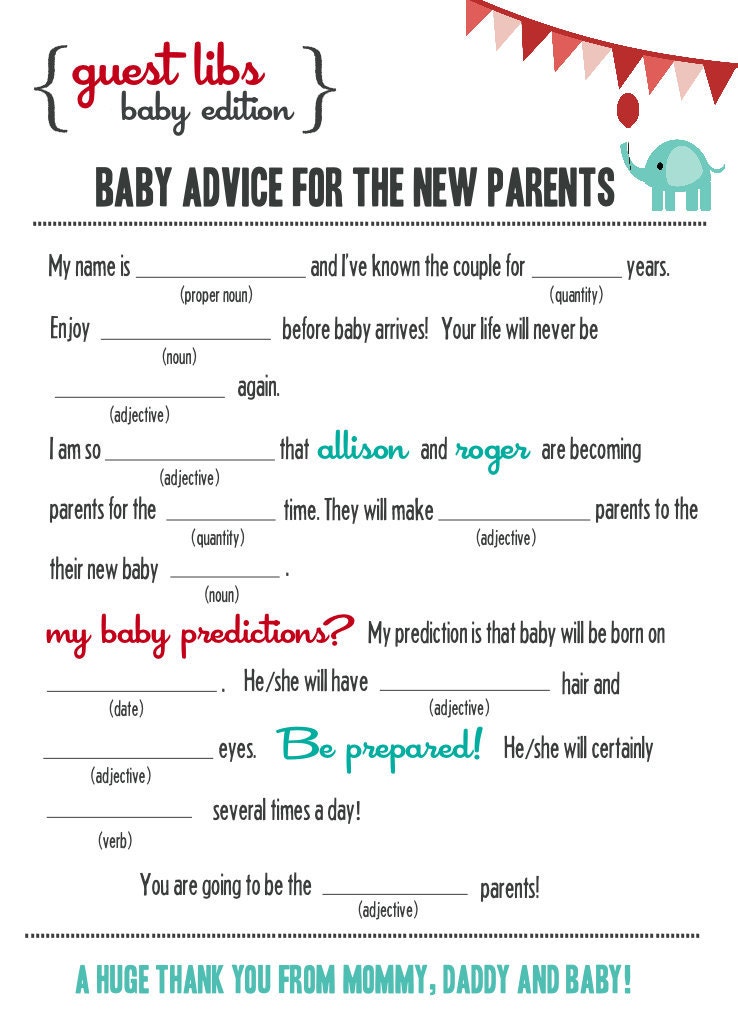 New - MAD LIBS - BABY shower edition - Circus Elephant - digital file