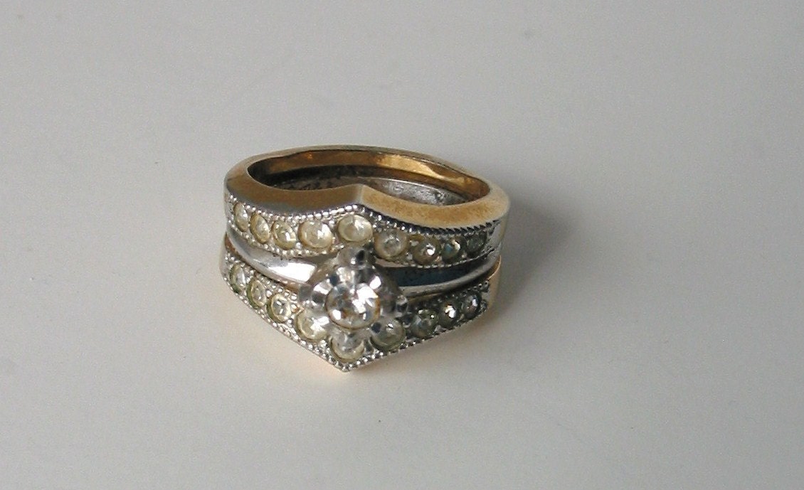 Clearance SALE, was 50.00. Vintage, engagement, birthstone ring, size 6 to 6 1/4. 10K gold filled & sterling silver with rhinestones. glam