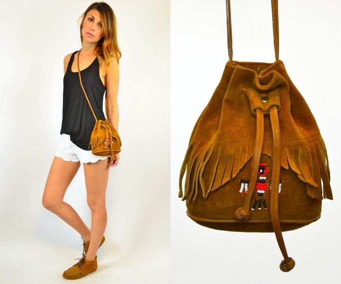 cinnamon MINNETONKA beaded thunderbird SUEDE crossbody festival pouch BAG