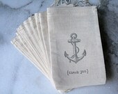 Nautical favor bags, muslin, 3x5. Set of 50.  Vintage style anchor and Thank You typewriter font, black on natural cotton bag.