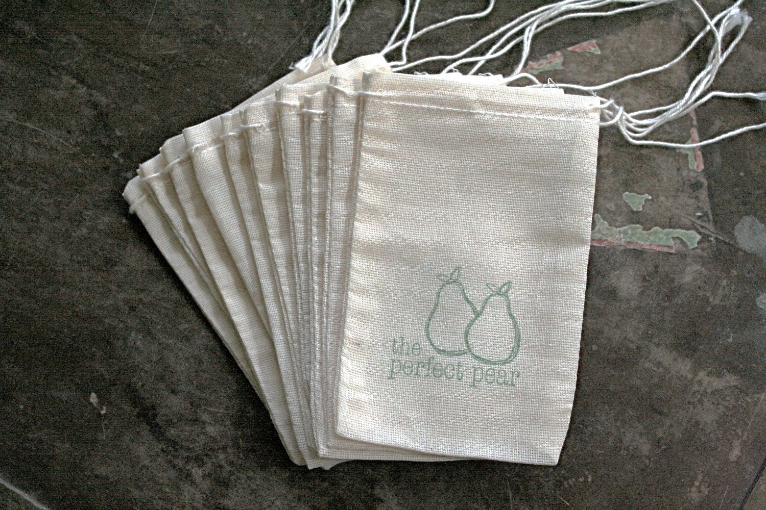 Muslin favor bags, muslin, 3x5. Set of 25.  The Perfect Pear in green on natural white cotton.