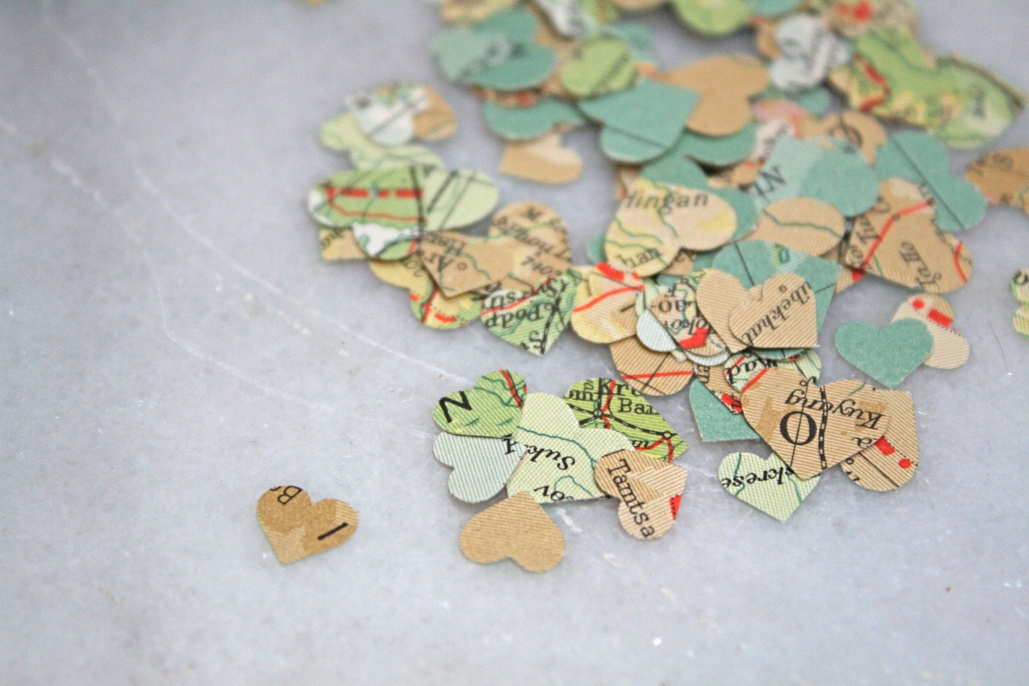 Vintage atlas confetti- 1000 heart shaped pieces, cardmaking, scrapbooking, party decor