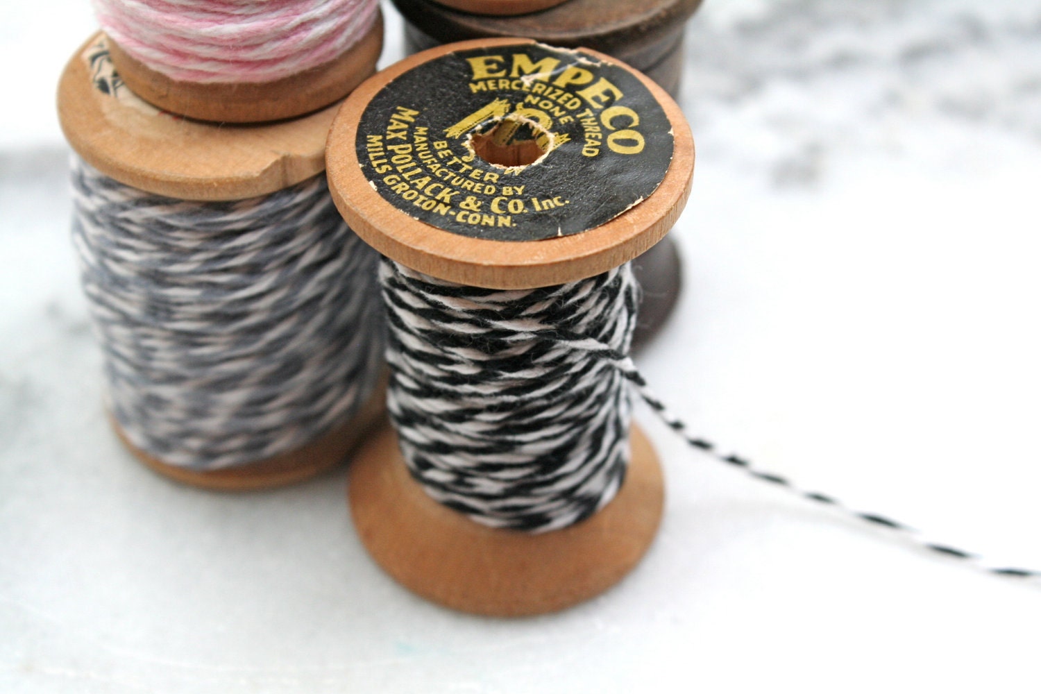 Bakers twine, Charcoal Black.  Twinery baker's twine in Charcoal black and white stripe.  10 yds on a vintage spool.