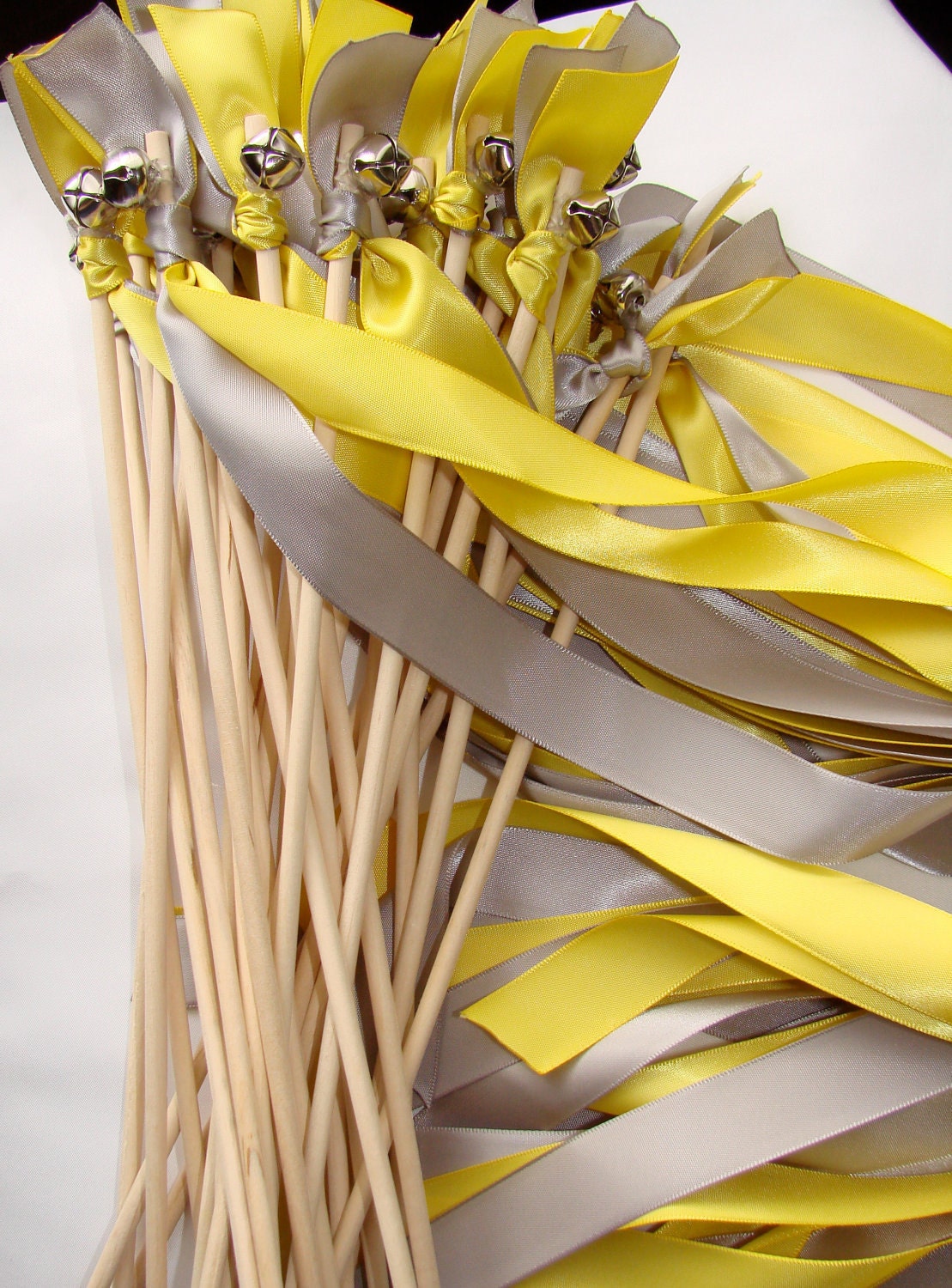 50 Wedding Wands Wood summer rustic outdoor ceremony Sticks Bells Streamers ocean farm chic Bubbles Pink Yellow Birthday Party Bride Groom