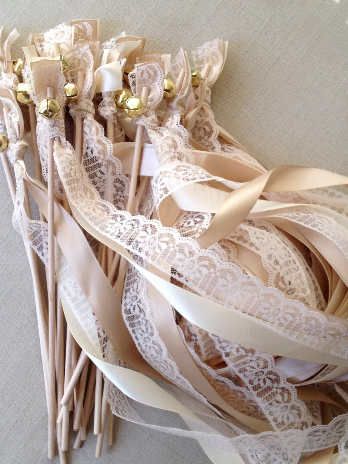 50 Wedding Wands Lace Gold Silver Bells Ribbon Birthday Party Barn Farm Rustic Shabby Chic