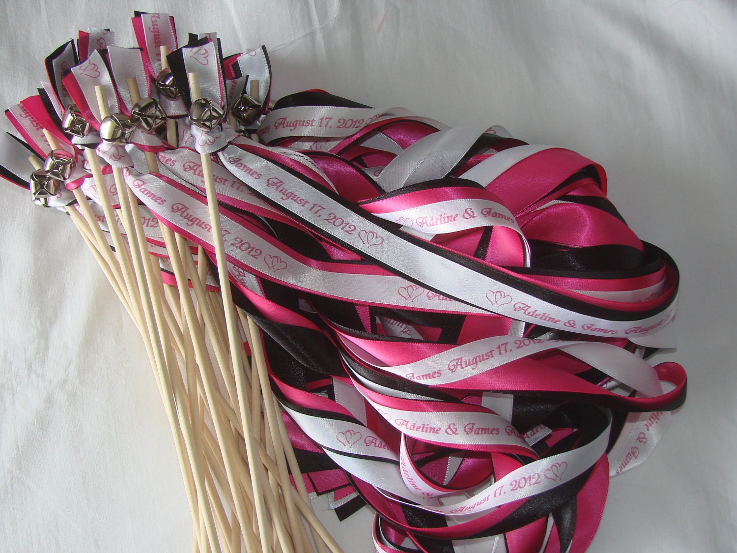 Wedding Wands Set of 50 Personalized Triple Ribbon with Bells - Silver or Gold