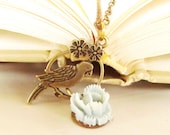 Parrot  Necklace, beautiful resin cabbage blue rose, flowered frame,antique brass chain FREE SHIPPING
