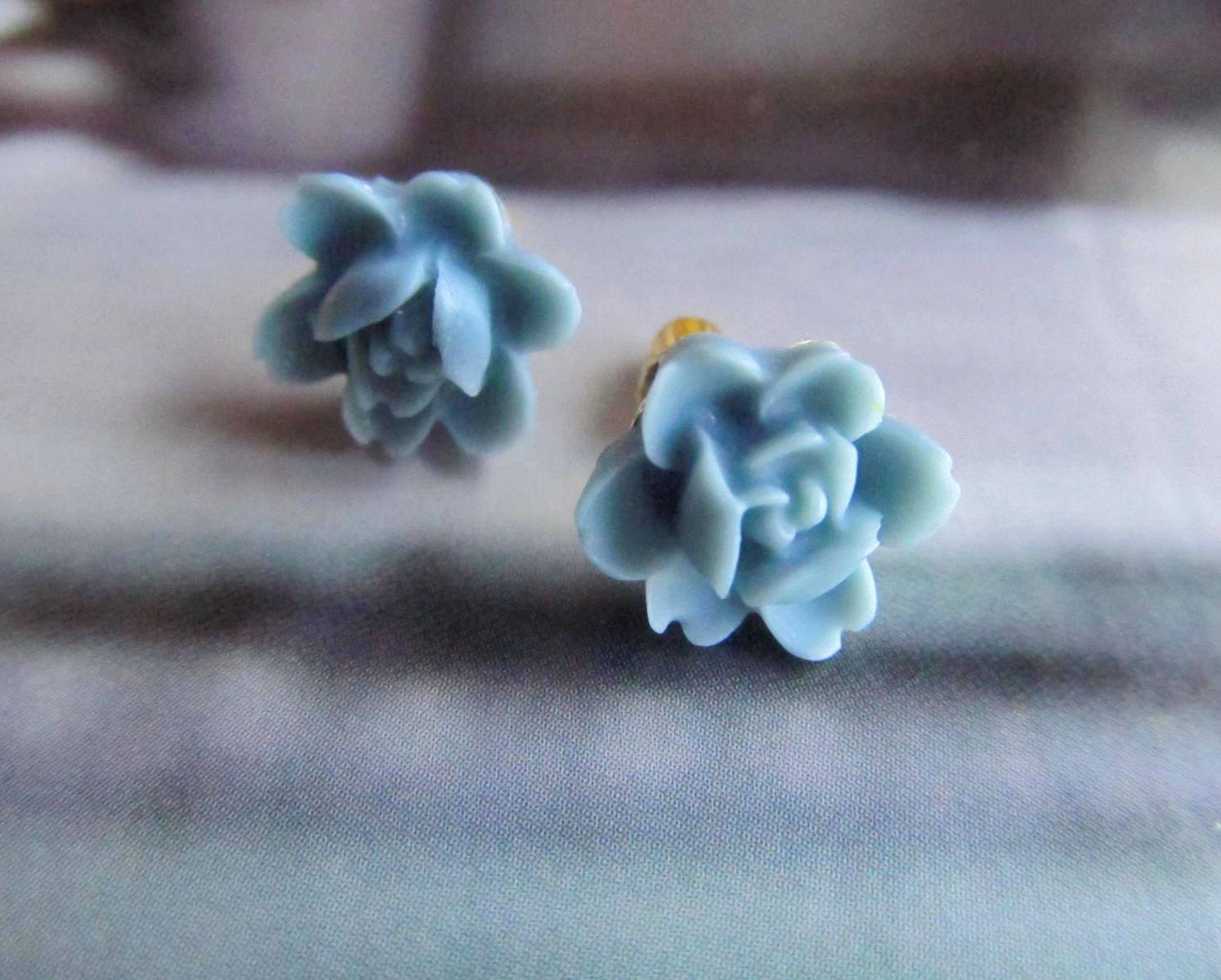 Soft Blue flower Posts Earrings-Feminine Pretty-Sweet 16-Great Gift- weddings, bridal party