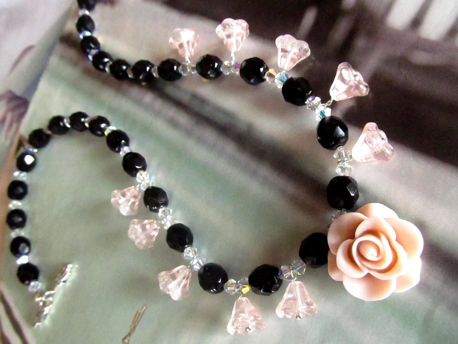 Black and pink Necklace, Feminine pretty, pink glass cones, czech glass beads, Resin Flower.