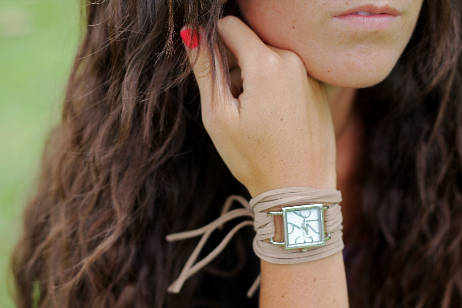 Tan Suede Bracelet Watch with Small White Interchangeable Face