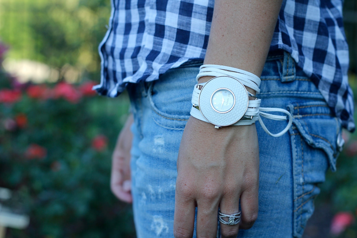 Custom White Suede Bracelet Watch with White Interchangeable Face