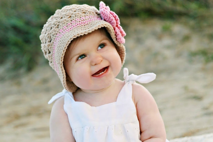 3/6 mos or 6/12 mos Bucket Style Sun Hat Beanie crochet hat with flower in khaki, soft pink, and pink