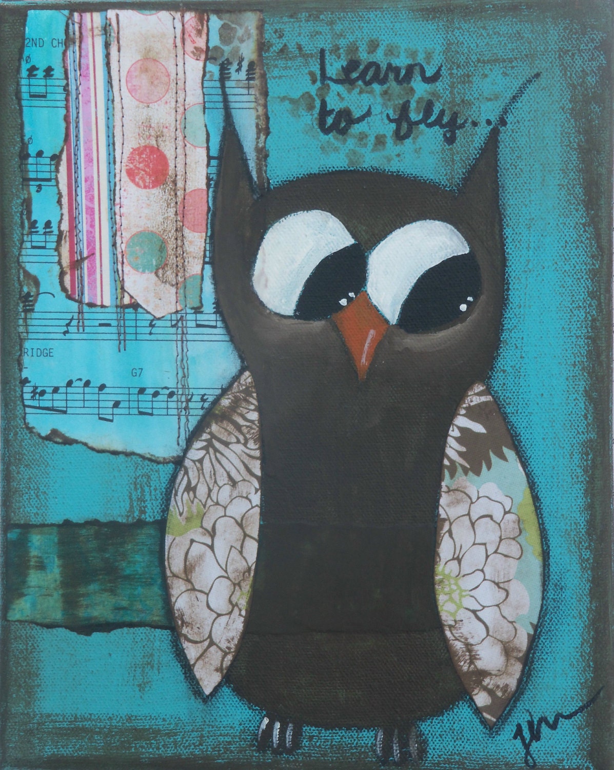 Fine Art 8x10 Print of Mixed Media Original Painting "Learn to Fly" Whimsical Owl with Quote