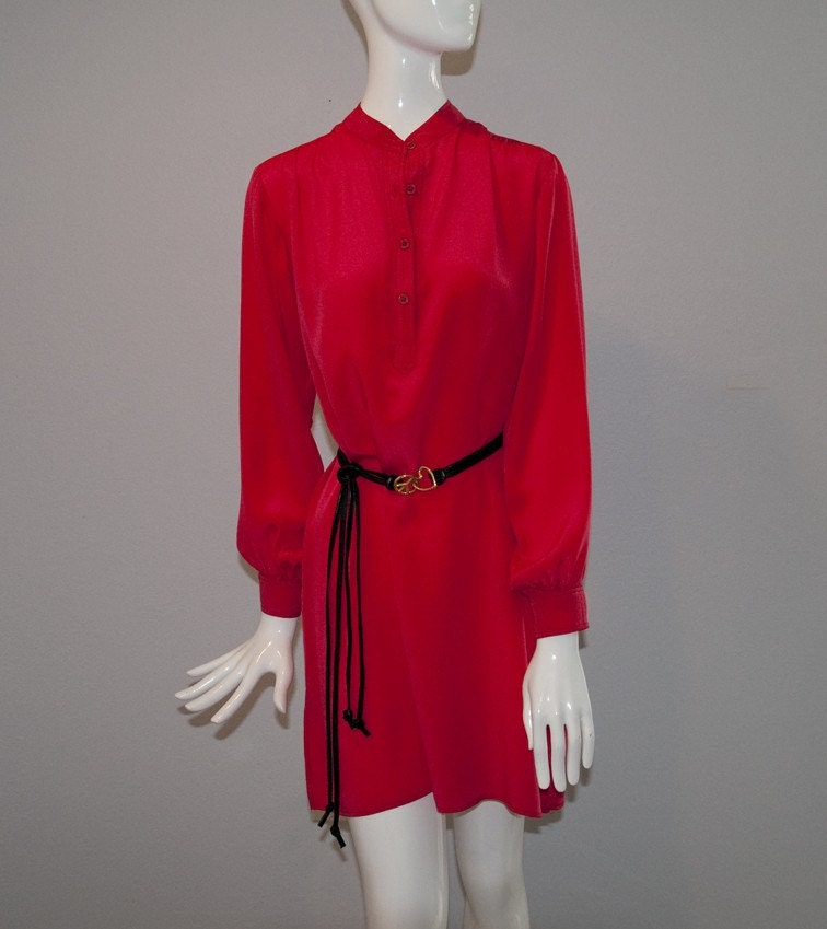 1978 Designer Red Silk Tunic Blouse (XS, S)