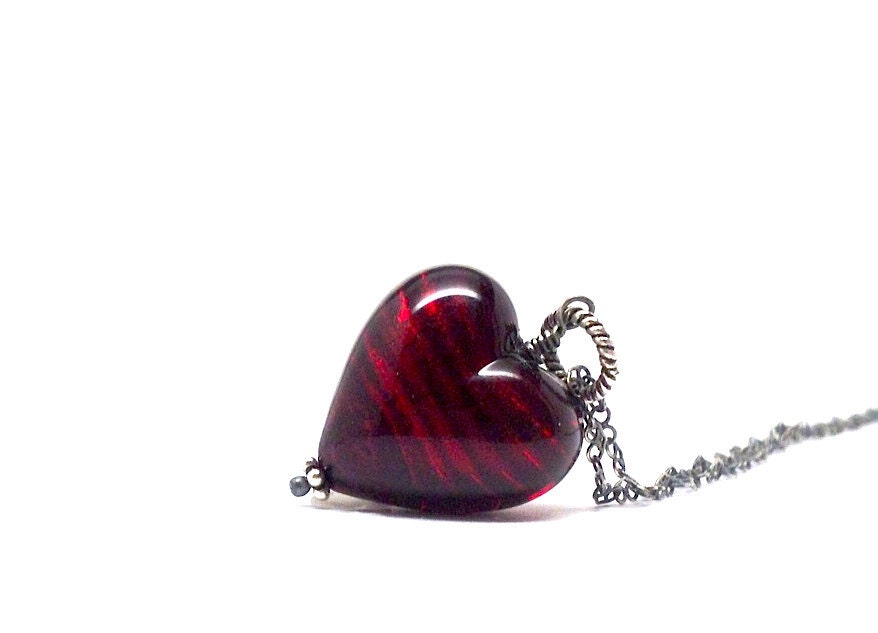 Womens Necklace Heart Dark Red Murano Glass