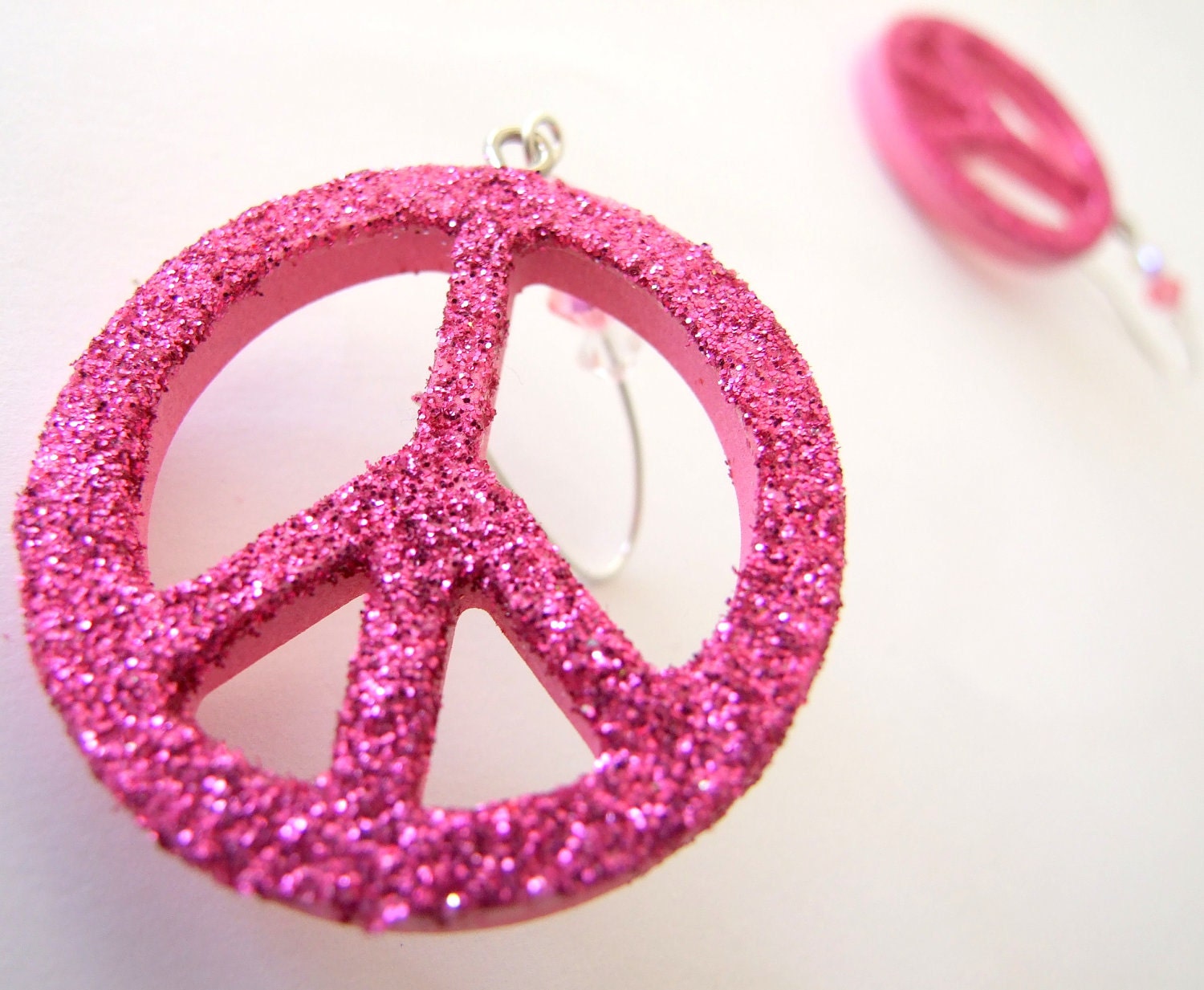 Glitter Hot Pink Peace Sign Dangle Earrings with Swarovski Crystals - DebbiesDesigns55 Glitter Hot Pink Peace Sign Dangle Earrings with Swarovski Crystals - DebbiesDesigns55