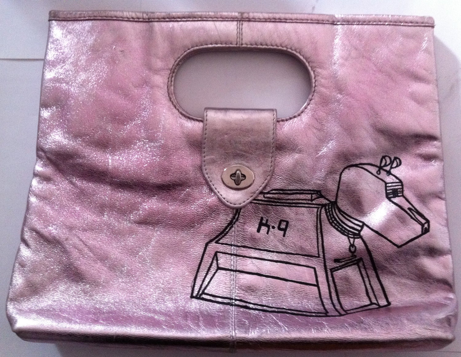 Dr. Who's K9 robot: Upcycled hand painted silver leather A/xarmani Exchange purse