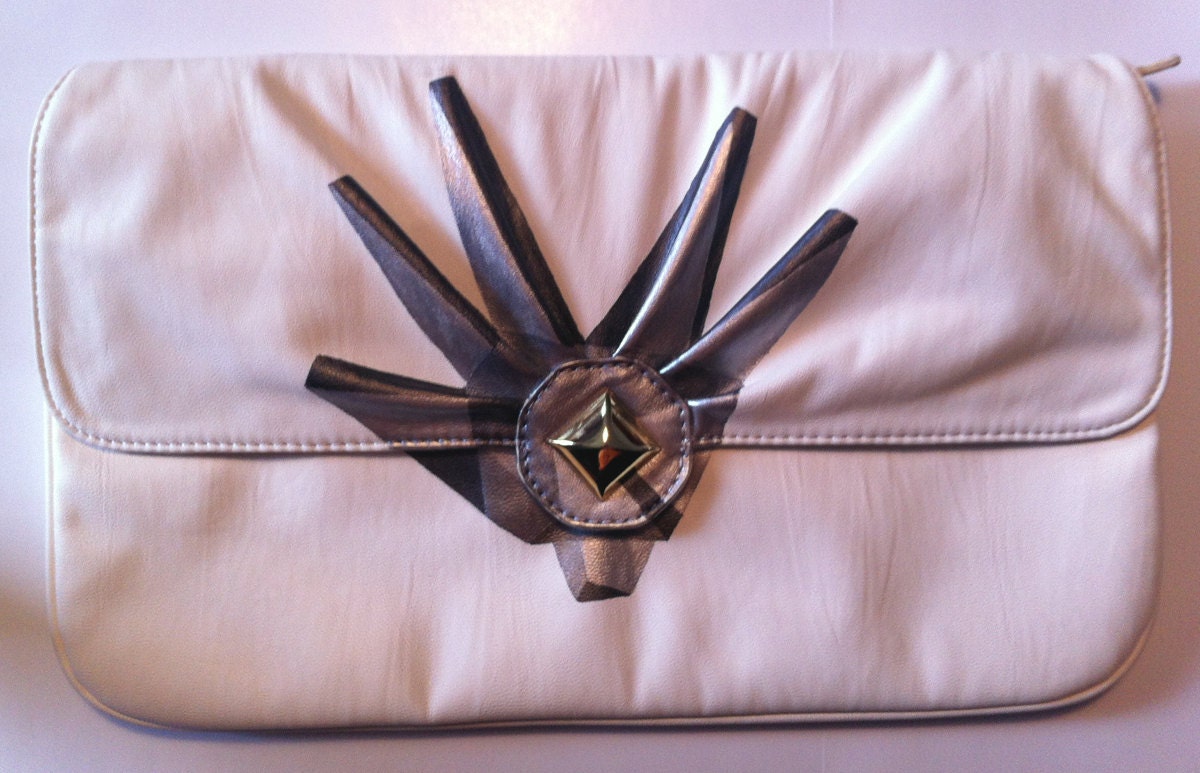 Logan's run: Upcycled hand painted pleather off white clutch purse