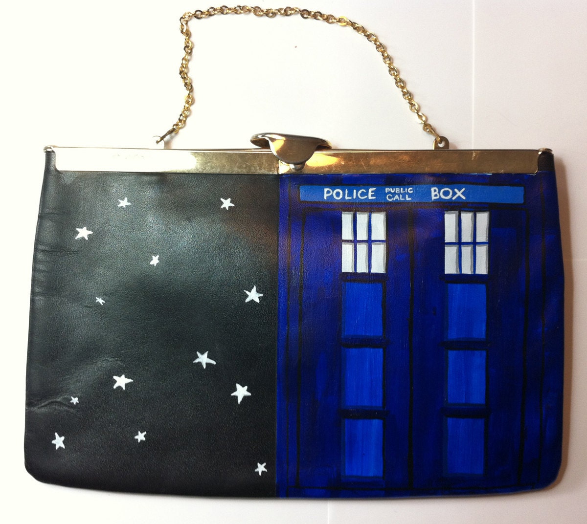 Dr Who's TARDIS: Upcycled hand painted vintage leather Etra clutch purse