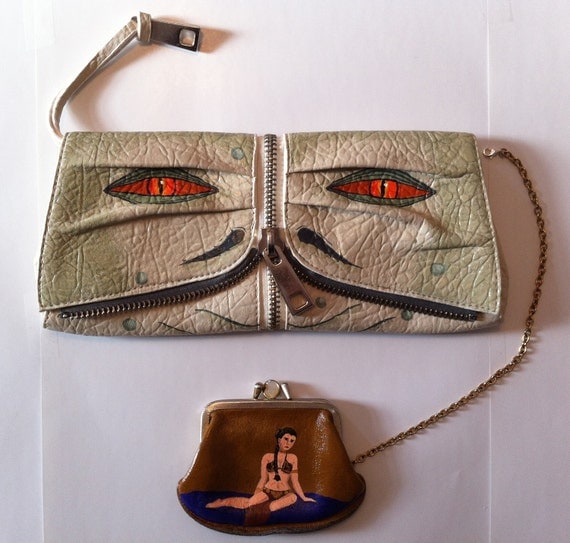 Star Wars: Jabba the Hutt clutch purse and Princess Leia coin purse. Upcycled and hand painted.