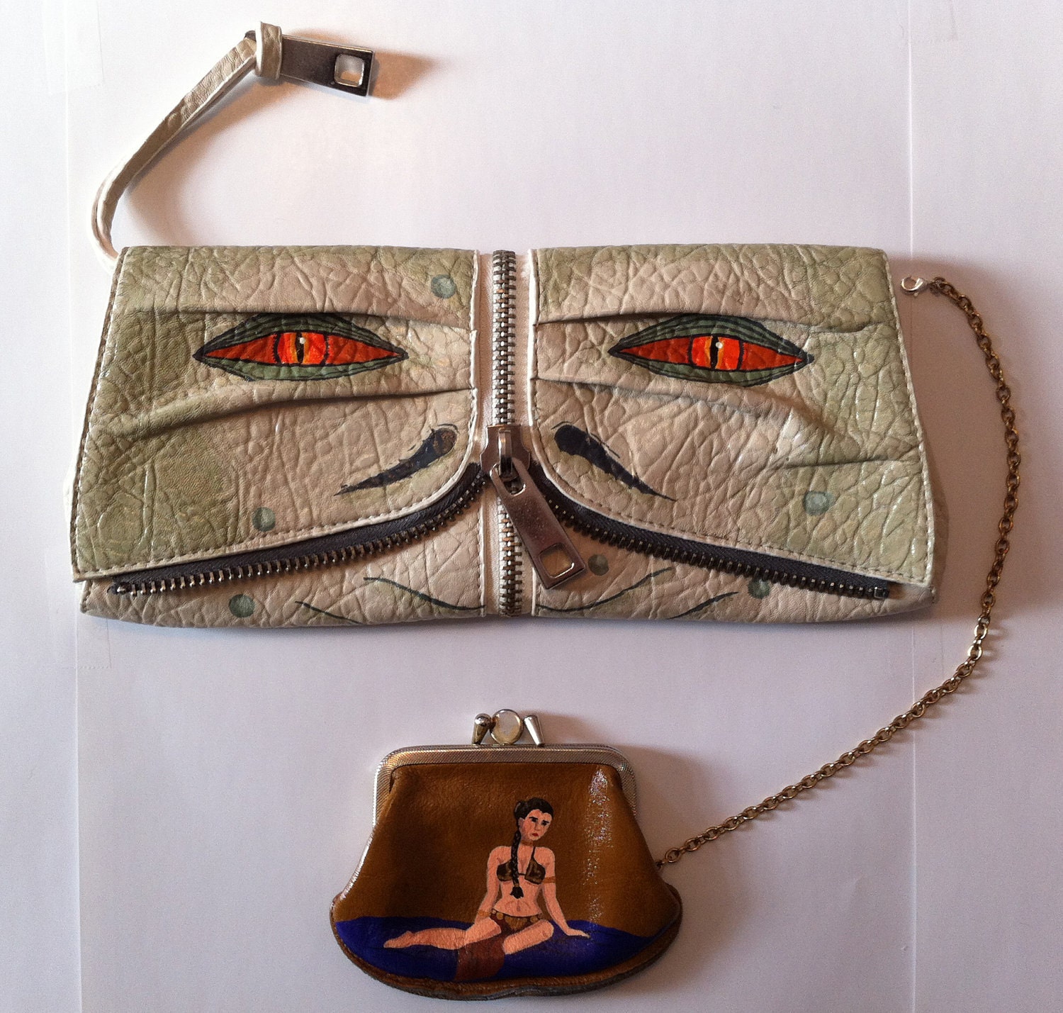 Star Wars: Jabba the Hutt clutch purse and Princess Leia coin purse. Upcycled and hand painted.