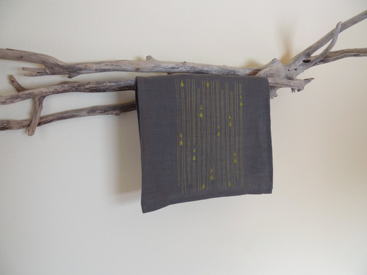 Raindrop Tea Towel - April Spring Showers - Handprinted Linen - Gray and Mustard Yellow - Original Design
