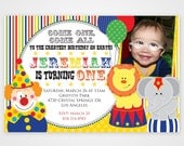 Cute Colorful Circus Printable Birthday Photo Invitation -- 1st, 2nd, 3rd -- Any color