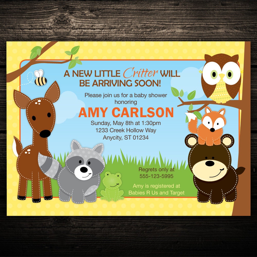 Cute Woodsy Forest Animals Printable Baby Shower or Birthday Invitation -- Any Color