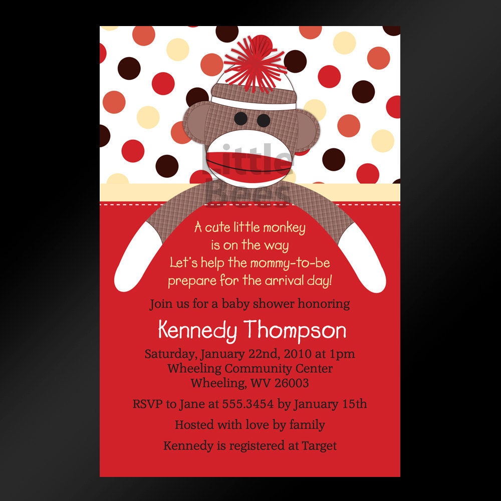 50, 5x7 -- Sweet Sock Monkey Baby Shower or Birthday Invitations -- Custom