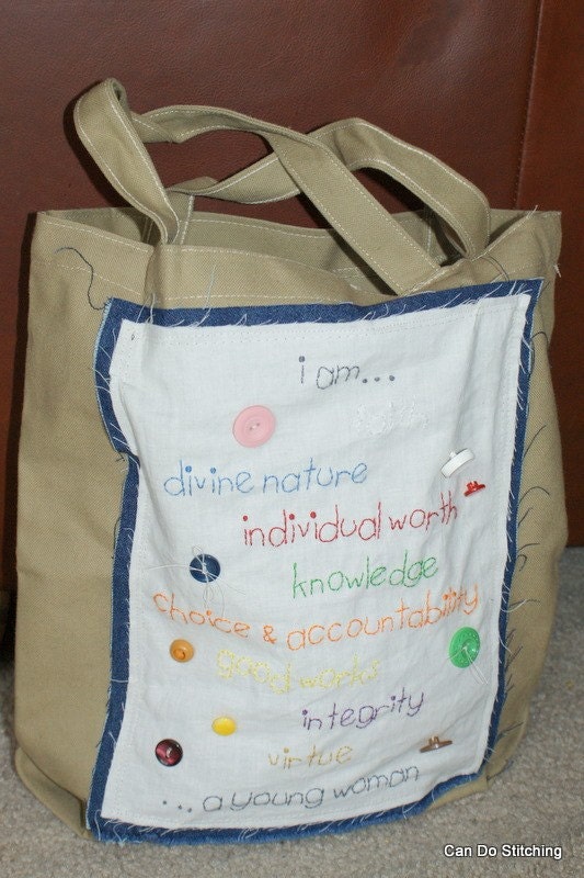 Tote Bag LDS Young Women Values Stitchery by CanDoStitching