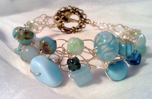 Aqua Blue Bracelet, Hummingbird Jewelry, Sea Blue Wire Crocheted Bracelet - SomethingSeaBlue