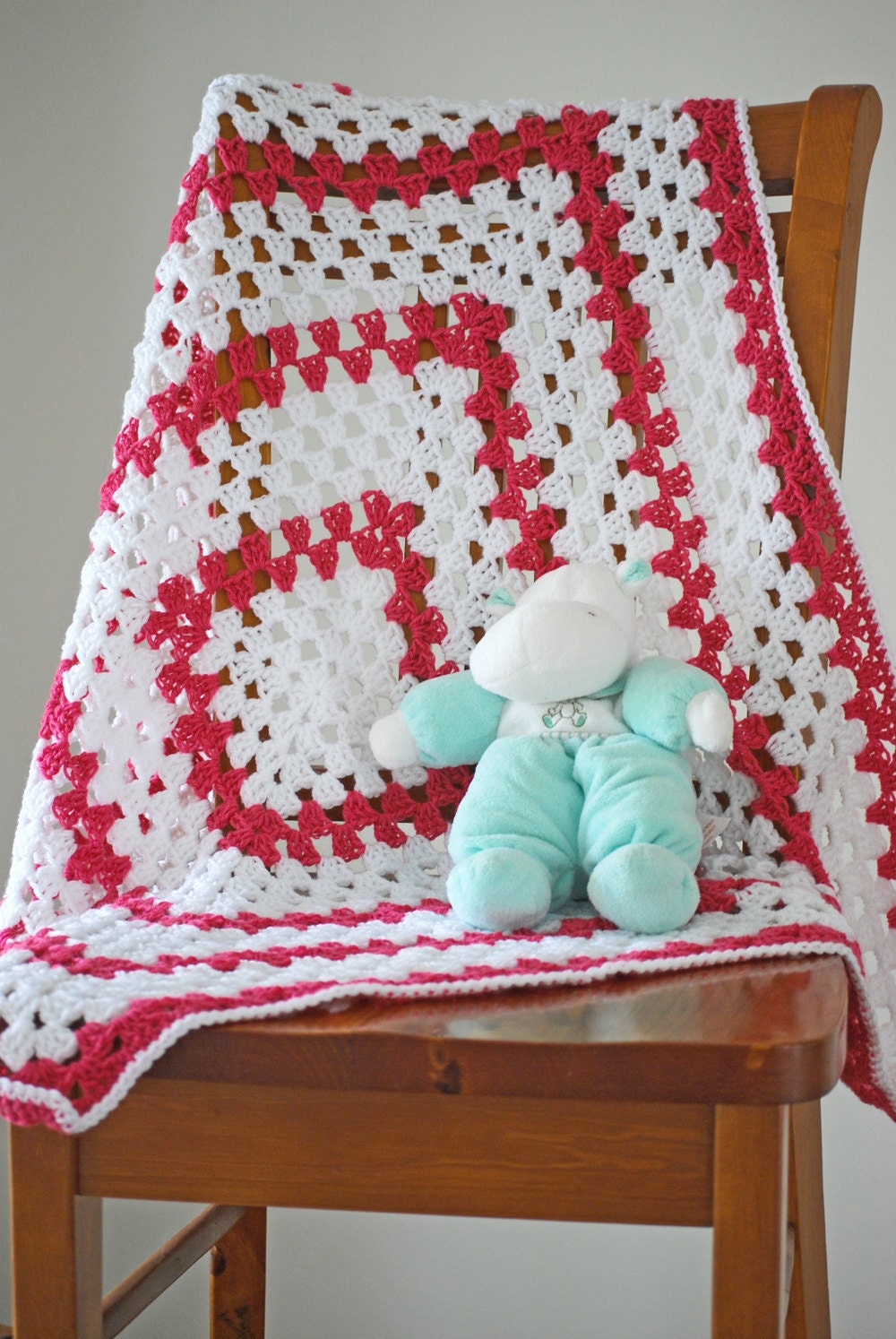 Crocheted pink and white baby afghan blanket pram stroller wrap
