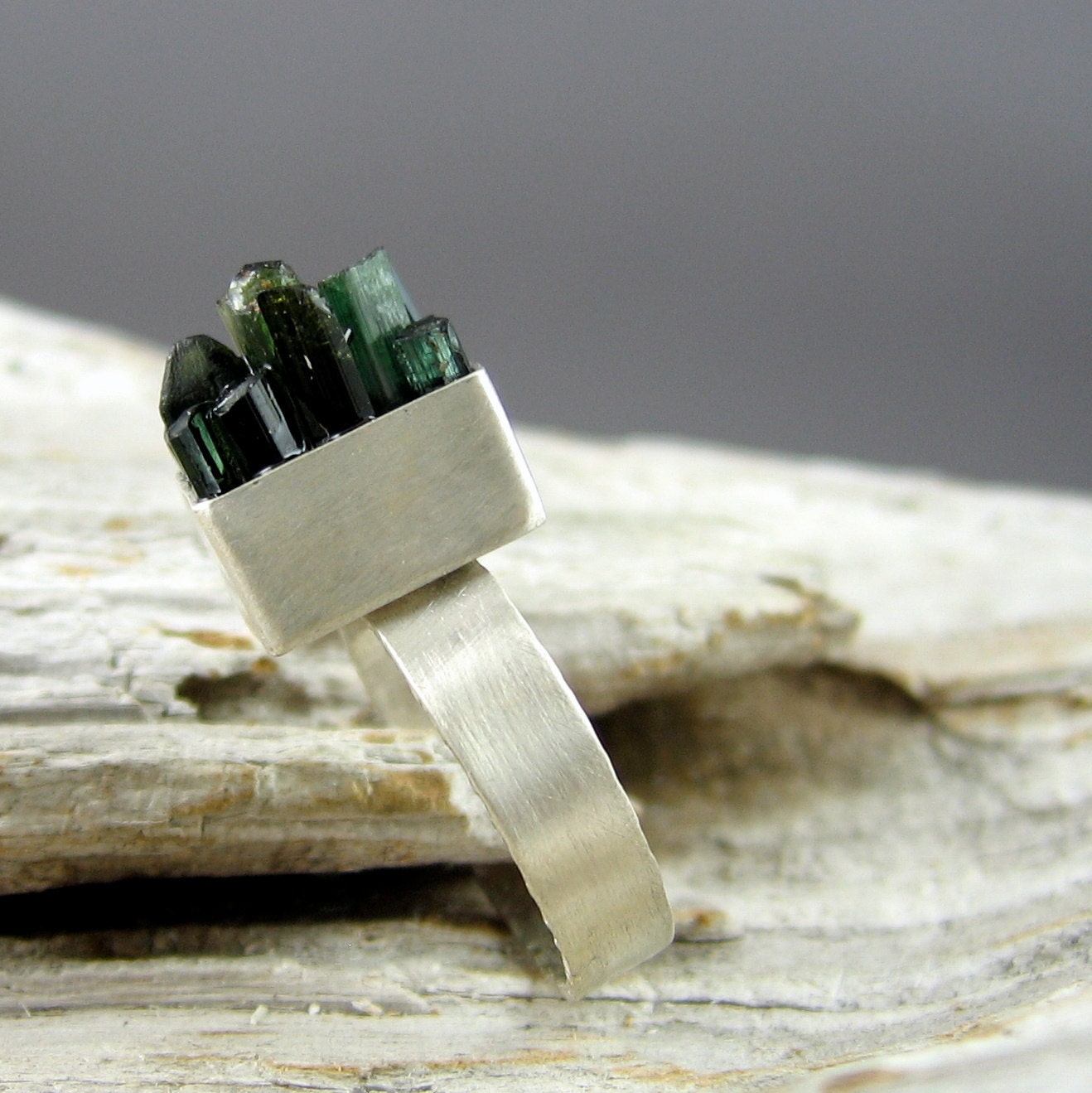 Green & Teal Tourmaline 'Sticks' Silver Ring