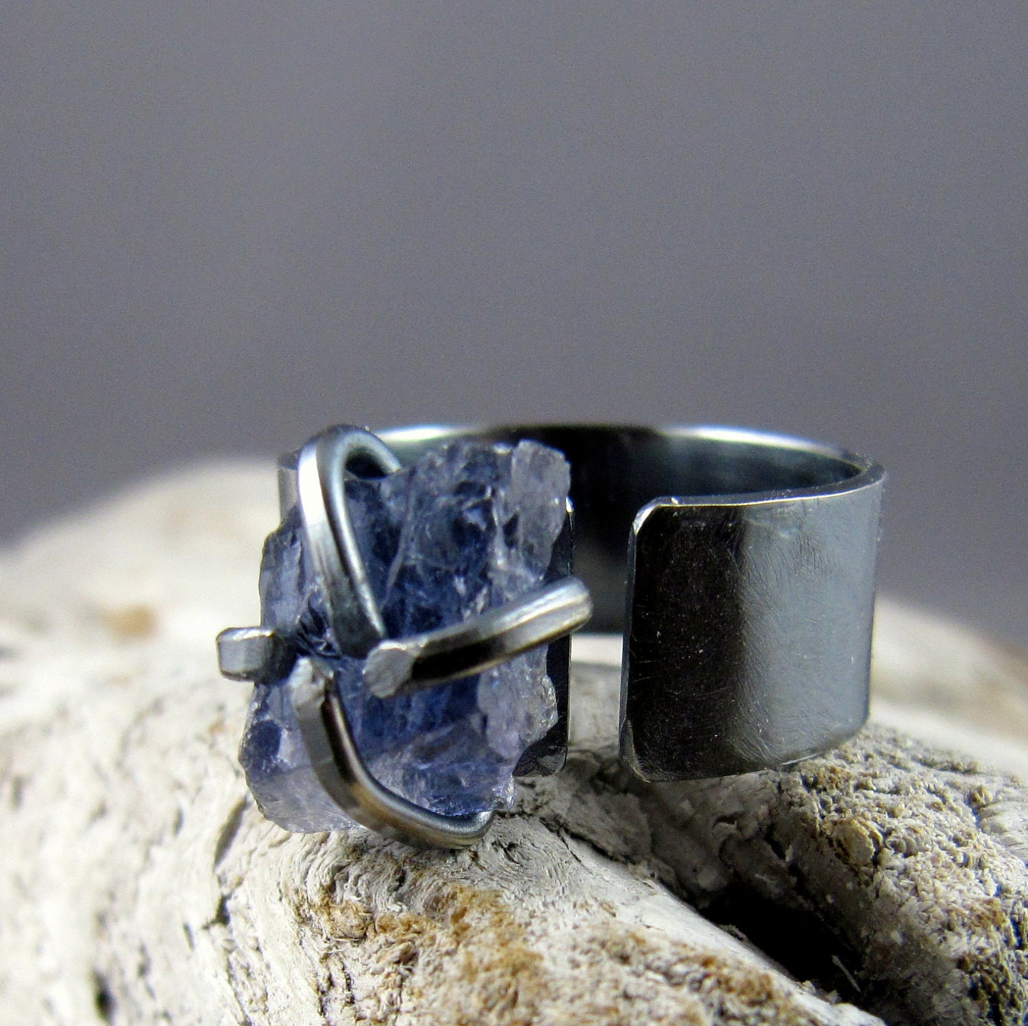 Rough Iolite Oxidized Sterling Silver Ring