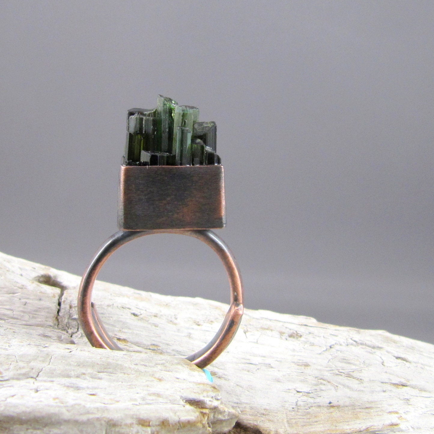 Green Tourmaline Sticks Copper Ring