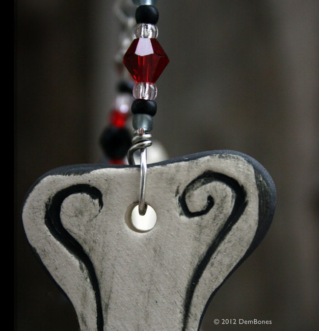 Gothic Ceramic Skull Wind Chime - Jet Black Red Glass Beads and Silver Wire Outdoor Decoration
