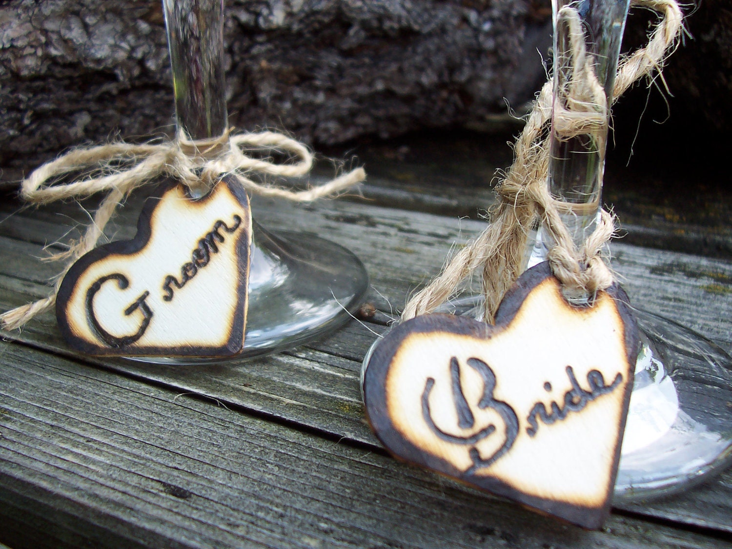 Rustic Heart Bride and Groom Personalized Wine Glass or Napkin Holder Charms (Set of two)