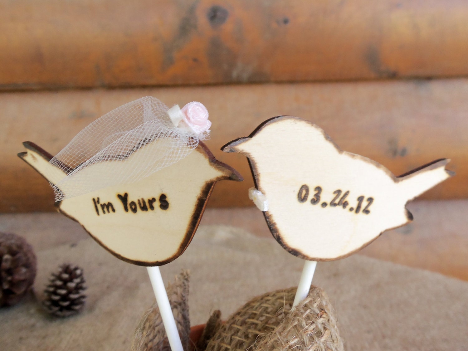Wedding Cake Topper - Rustic Love Birds with Traditional Veil and Bowtie - Wedding Decoration - Set of two (2) You CHOOSE the colors
