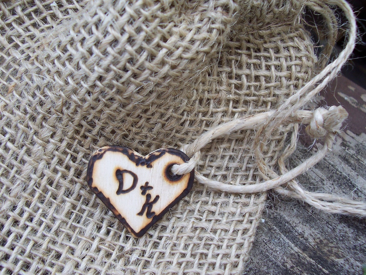 Burlap Wedding Favor Bags with Personalized Heart Charms (Set of 6)