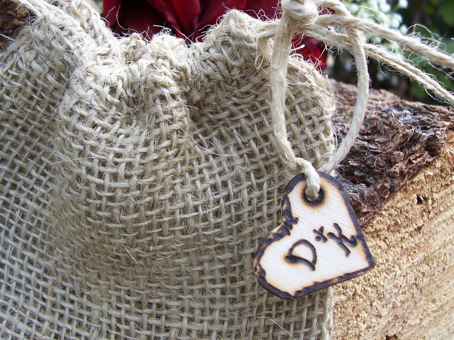 Burlap Wedding Favor Bags with Personalized Heart Charms (Set of 6)