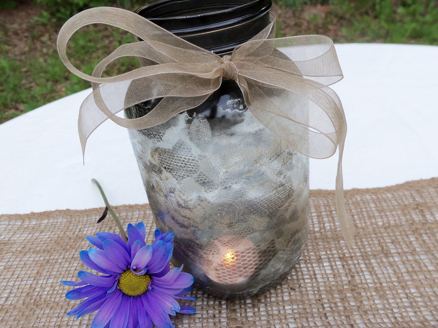 Mason Jar - Hand Painted Elegant Lace Centerpiece Vase - Customized with your Wedding Colors