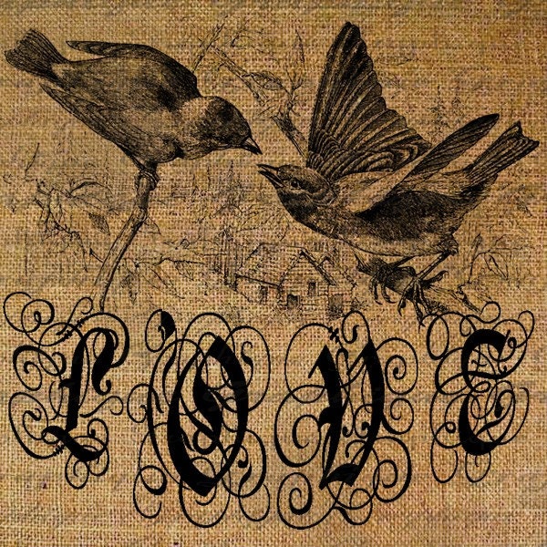 Love Bird Birds Text Word Digital Image Download Transfer For Pillows Totes Tea Towels Burlap No. 1500