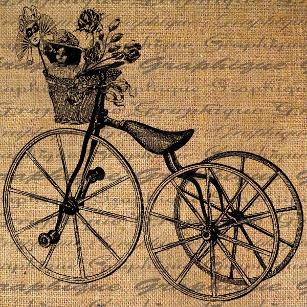 Vintage Tricycle Basket Flowers Doll Toy Trike Digital Image Download Transfer To Pillows Tote Tea Towels Burlap No. 1803