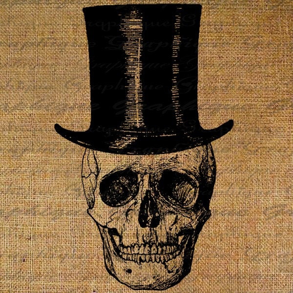 Halloween Digital Collage Sheet Burlap Skull In Black Top Hat Goth Digital Download Fabric Transfer Fabric Pillows Tote Bags Tea Towels 1934