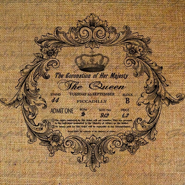 Coronation Of The Queen Invitation Ornate Frame Crown Image Download Transfer To Pillows Tote Tea Towels Burlap No. 2153