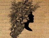 Floral Flower Hair Series Roses Peonies Hair Vintage Fashion Digital Image Download Transfer To Pillows Tote Tea Towels Burlap No. 2228
