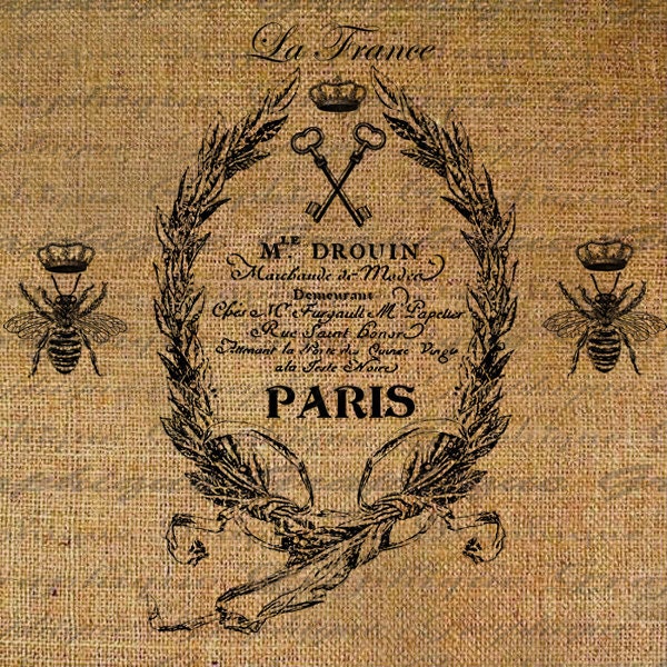 Paris French Queen Bees Crown Writing Text Calligraphy Digital Image Download Transfer To Pillows Tote Tea Towels Burlap No. 2377