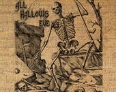 Halloween Digital Collage Sheet Burlap Skull All Hallows Eve Typography Digital Download Fabric Transfer Pillows Tote Bags Tea Towels 2691